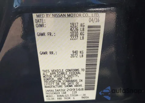 2016 Nissan Altima 2.5/2.5 S/2.5 Sl/2.5 Sr/2.5 Sv из США, поврежденный, VIN 1N4AL3AP2GC209568